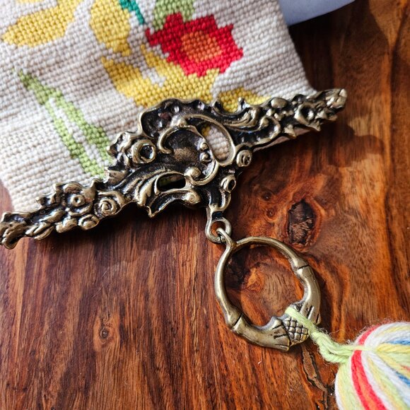 Vintage Scandinavian Hand Embroidered Floral Brass Wall Hanging Bell Pull 68" - Picture 3 of 9